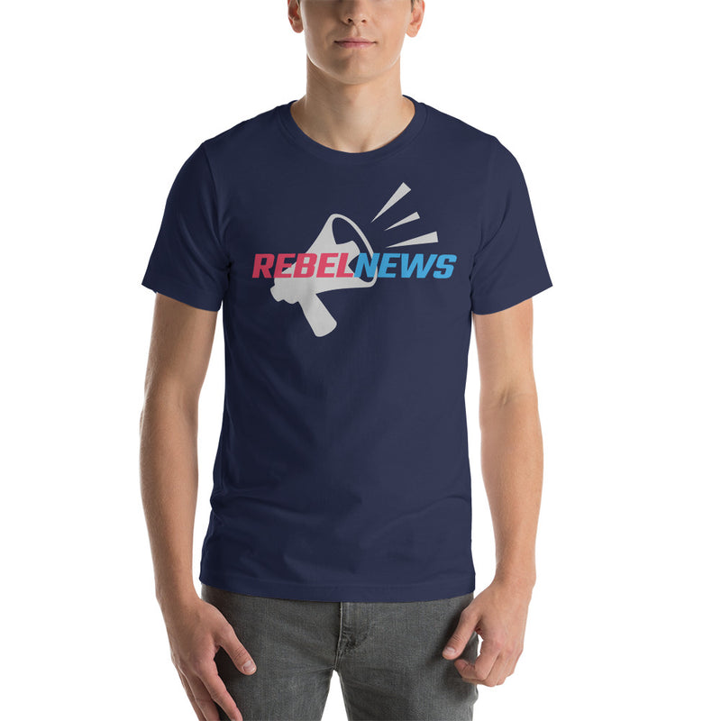 Load image into Gallery viewer, Rebel News Logo Horn Background- Unisex T-Shirt