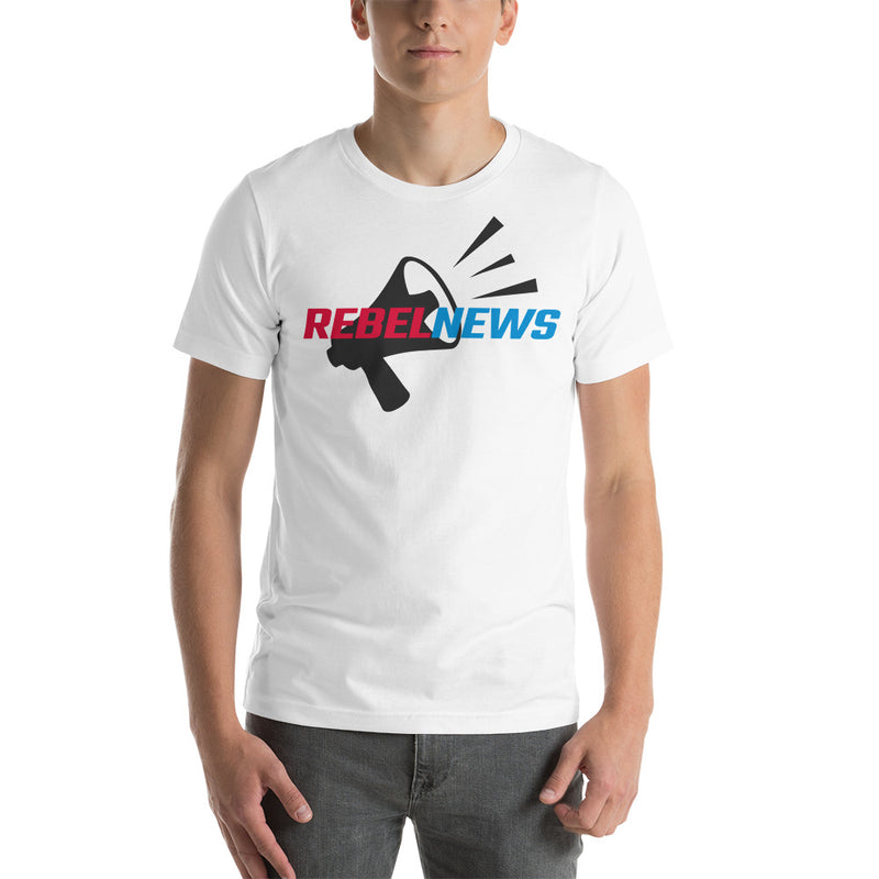 Load image into Gallery viewer, Rebel News Logo Horn Background- Unisex T-Shirt