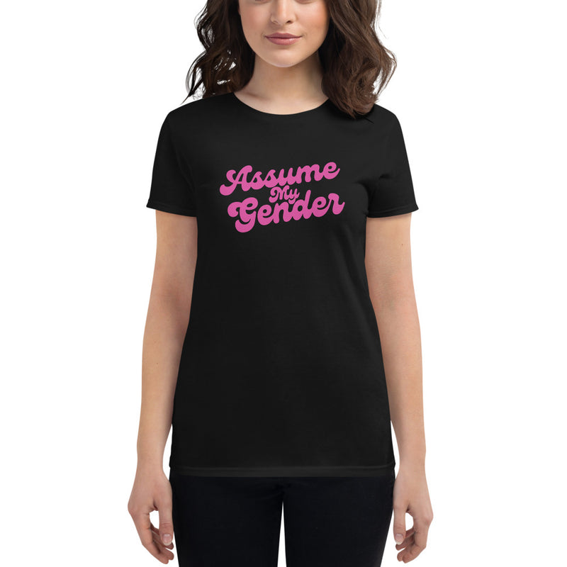Load image into Gallery viewer, Assume My Gender (Pink) Women&#39;s Fitted T-Shirt
